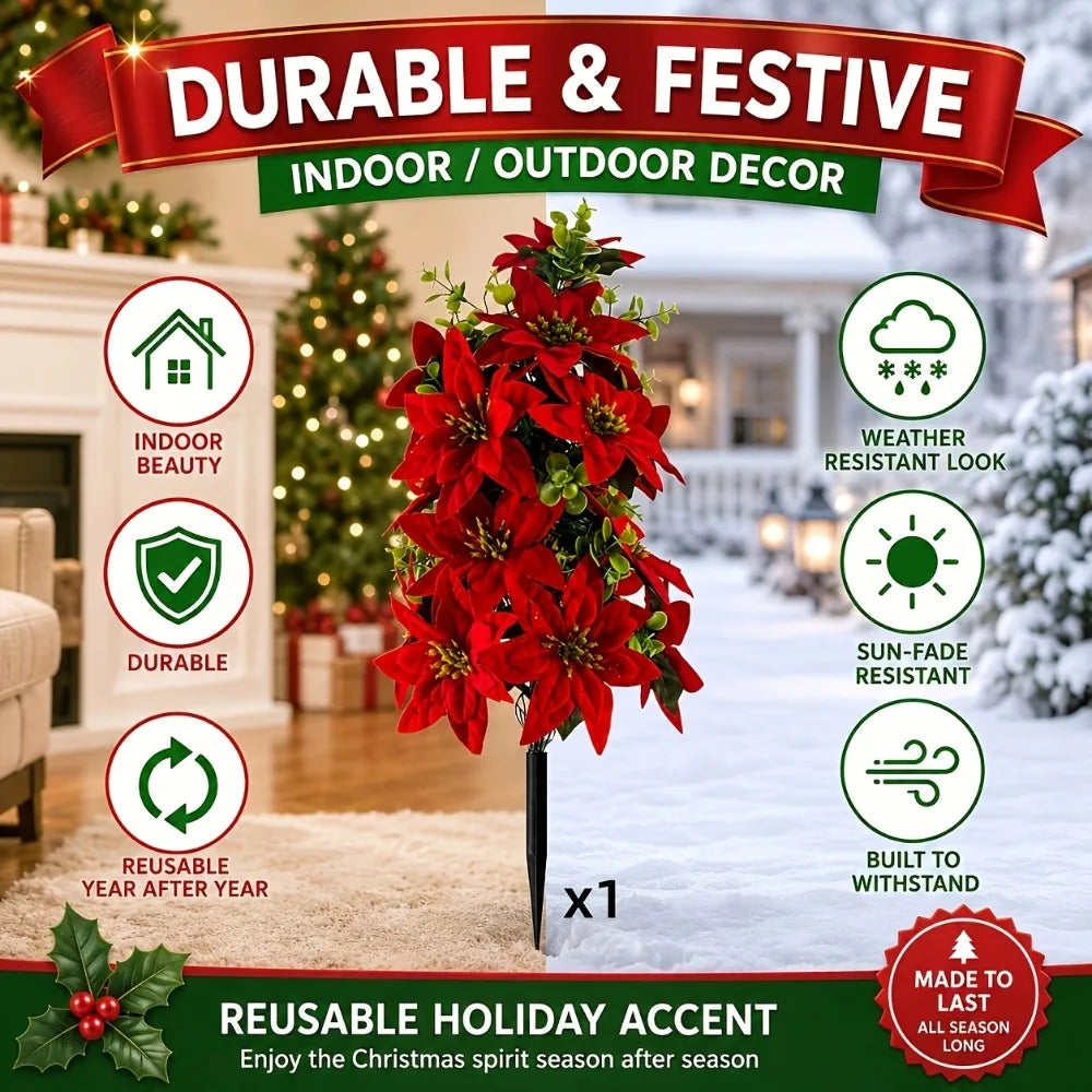 Árvore de Natal artificial com poinsettias e estaca para fixar no chão, ideal para vasos de jardim, canteiros de flores, degraus de entrada