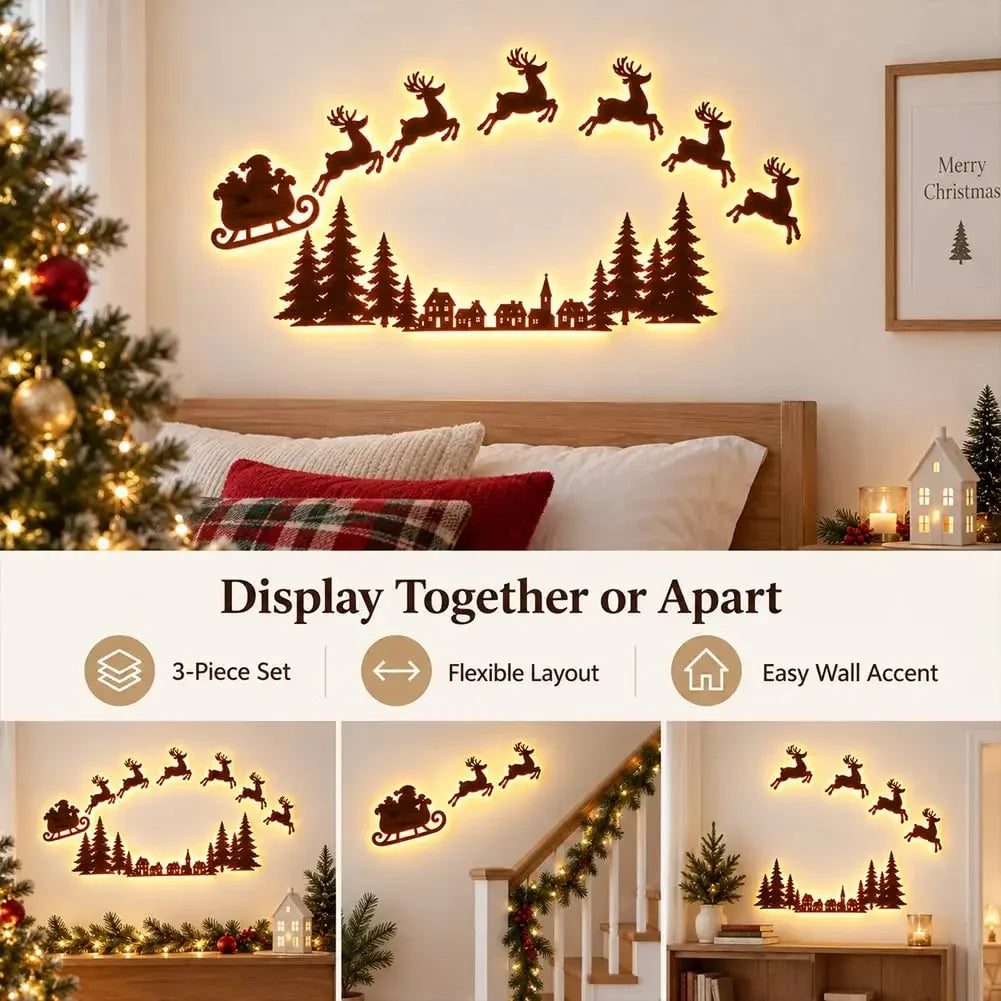 Decoração de parede natalina com luzes LED, trenó do Papai Noel, renas, árvore de pinheiro, encaixe recortado, para pendurar na moldura da porta, decoração para festas e celebrações em casa.