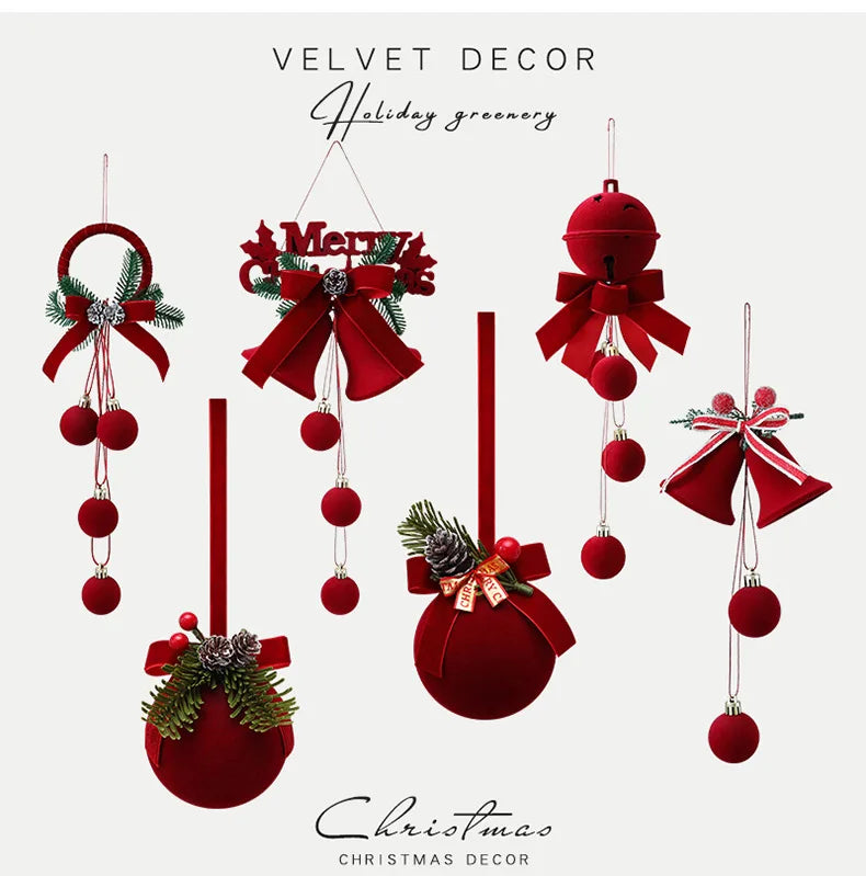 Enfeites de Natal em Veludo Vermelho, Bolas Flocadas, Sinos, Pingentes, Laços, Decoração para Casa, Presentes para Festa de Natal e Ano Novo