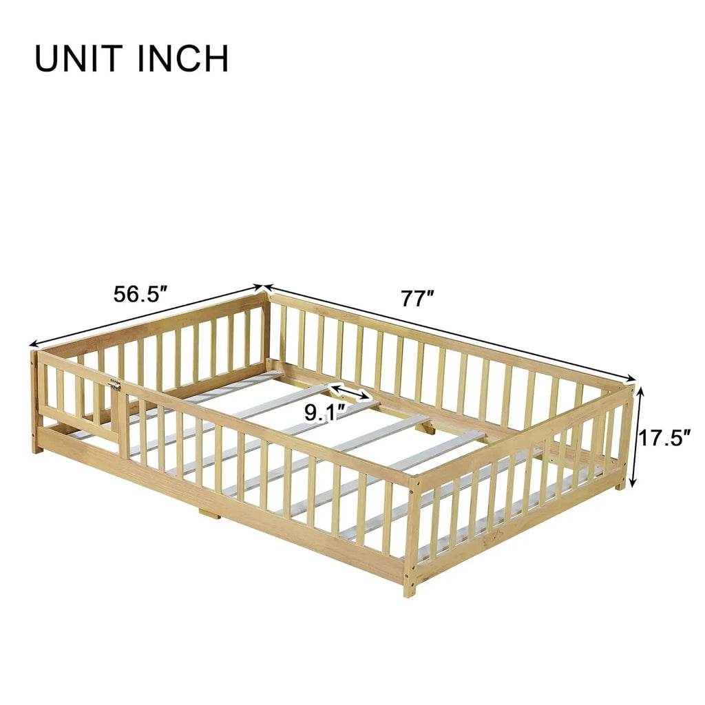 Full Size Montessori Floor Bed Frame with Rails & Door Solid Wood Kids Low Profile Sleep & Play Bed Natural, Customized