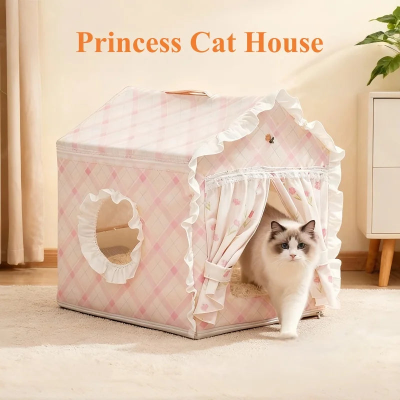Casa para Gatos Floral Fofa com Tenda, Cama Semi-Fechada Removível e Lavável para Gatos/Cães