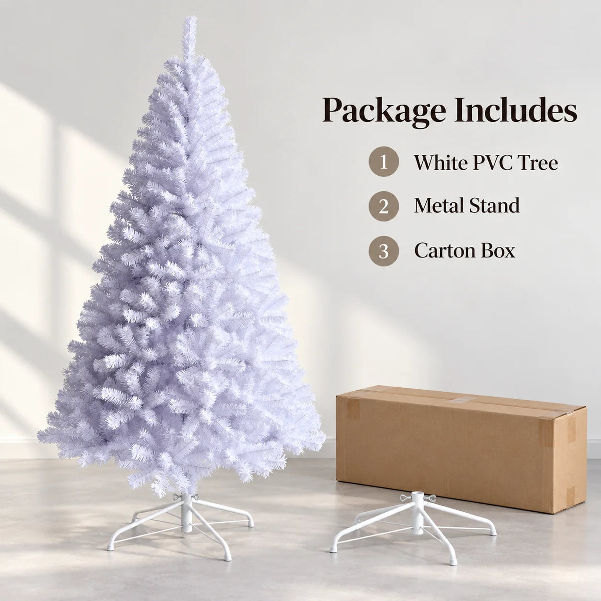 Árvore de Natal artificial branca, totalmente em PVC, 120-240 cm, com ramos densos, suporte de metal opcional, luzes quentes, decoração de Natal para casa.