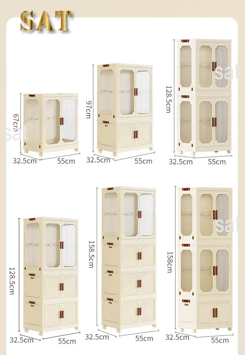 -Armário de armazenamento dobrável multicamadas com rodas, porta dupla, guarda-roupa, transparente, grande capacidade, organizador, prateleira