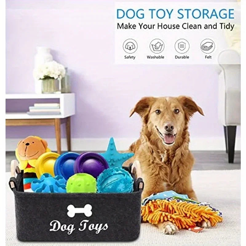 Cesta de Armazenamento de Brinquedos para Animais de Estimação em Feltro Estilosa - Organizador Durável para Brinquedos de Gato e Cachorro
