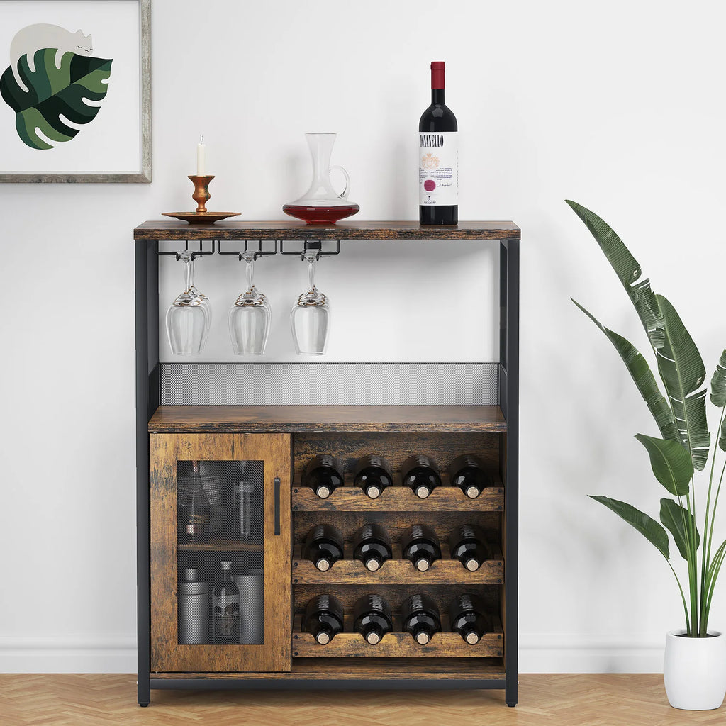 Armário de bar de vinho de 3 camadas com rack de vinho removível e armário de buffet com suporte de vidro e porta de malha para casa