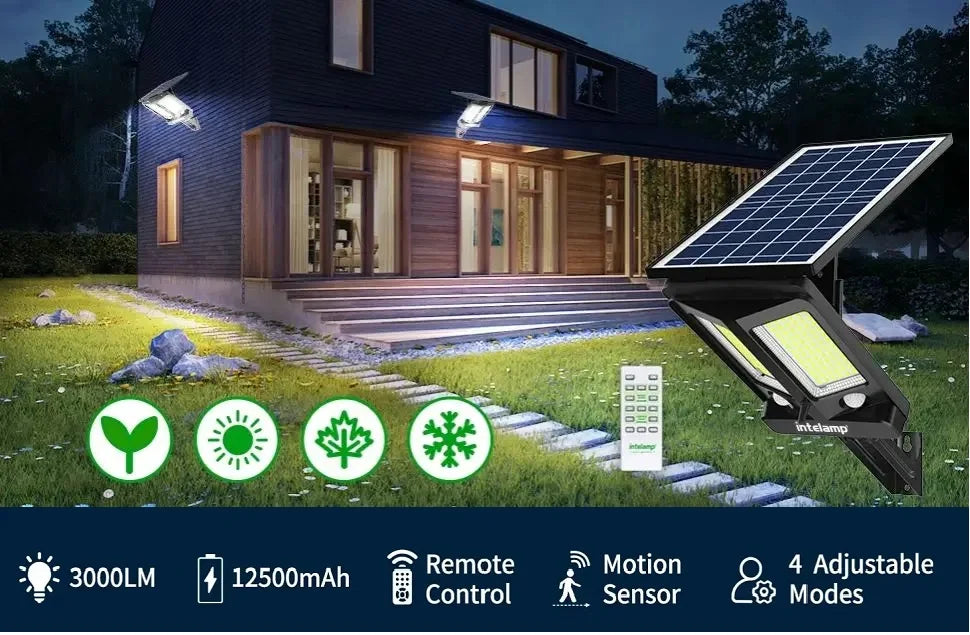 Luz de Segurança Solar para Exterior Intelamp 12500mAh com Longa Duração da Bateria e Painel Solar Super Grande para Jardim e Caminho