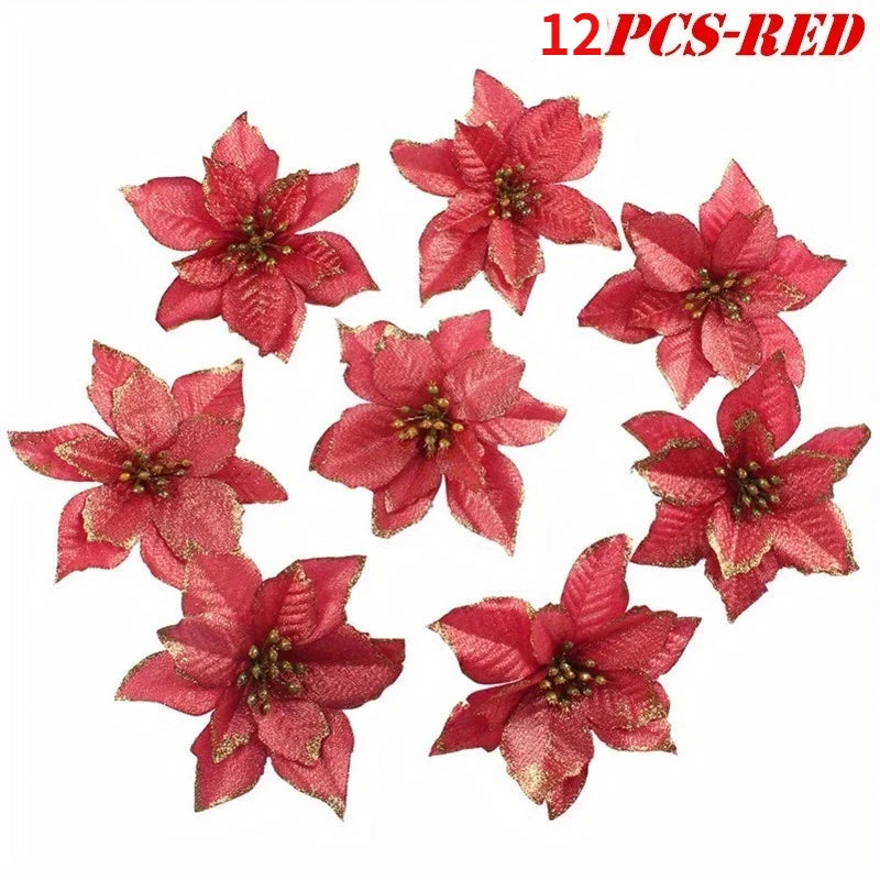 12/24 pçs enfeites de árvore de natal flores artificiais para casa diy pingente de árvore de natal casamento festa de natal decorações de ano novo