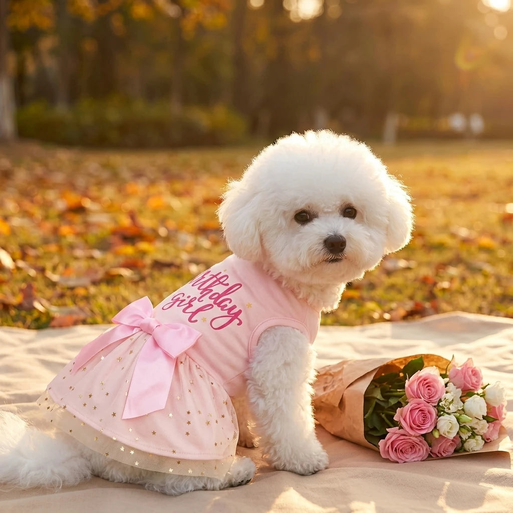 Vestido para cachorro e menina, roupas para animais de estimação, cachorrinho, laço rosa, tule, lantejoulas, roupas para cachorro