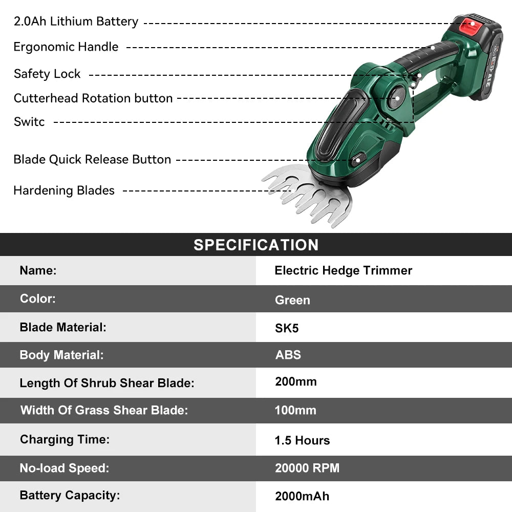 Aparador de sebes elétrico 2 em 1, 20000rpm, cortador de grama, jardim, poda de sebes, tesoura, ferramenta elétrica para makita, bateria de 18v