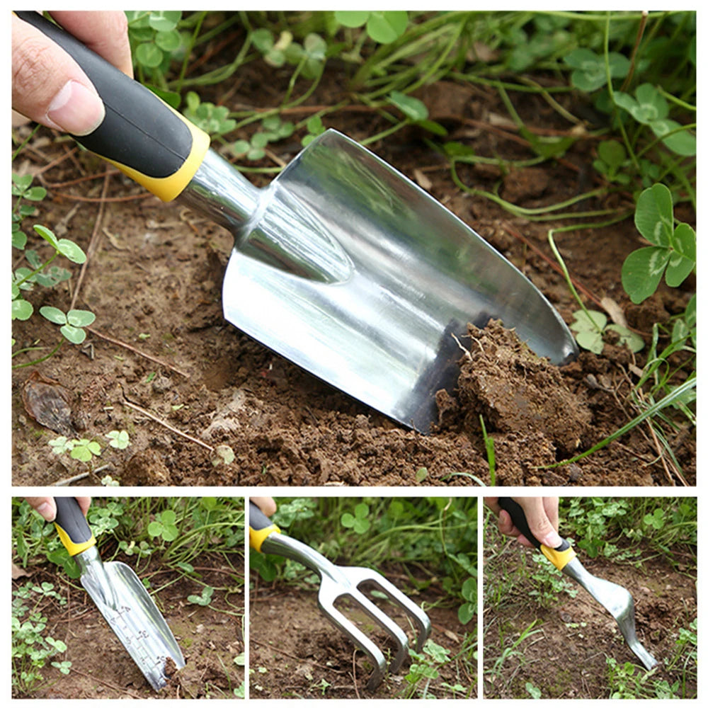 Ferramentas de Jardinagem: Pá de Mão, Ancinho, Cultivador e Sachador com Cabo Ergonômico para Jardim, Gramado, Terras Agrícolas, Transplante e Bonsai