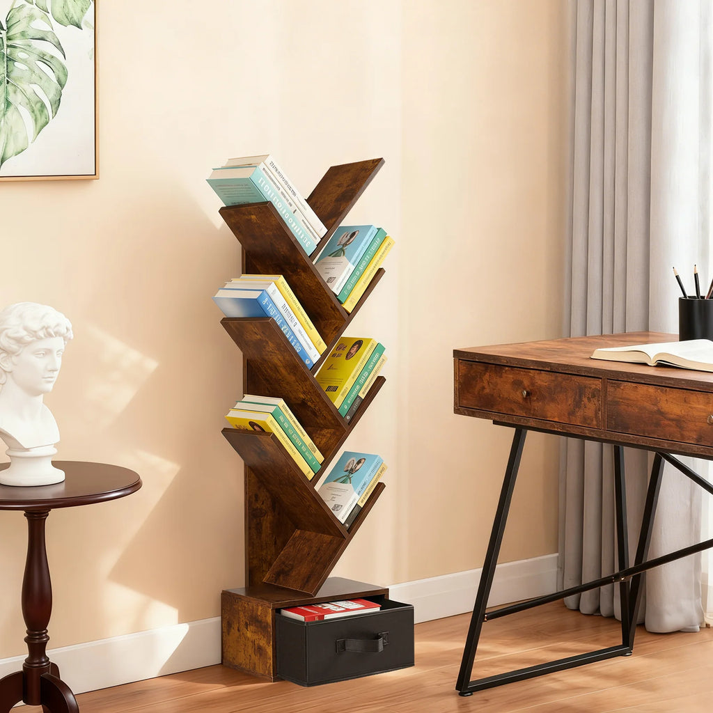 Estante de Livros Geométrica de Madeira JHK 43IN com 7 Níveis e Gaveta, Estante de Canto Fina para Casa e Pequenos Espaços