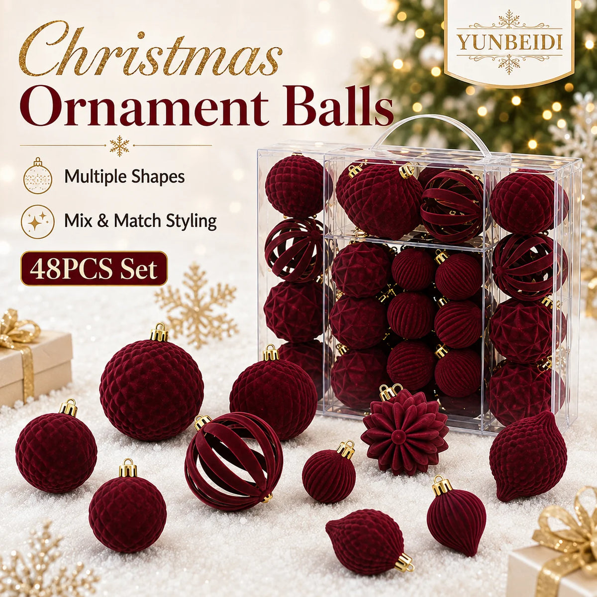 Conjunto de Bolas de Natal de Veludo 48 Peças, Enfeites Plásticos Flocados para Decoração de Árvore de Natal DIY, Decoração Suspensa para Festas e Casa