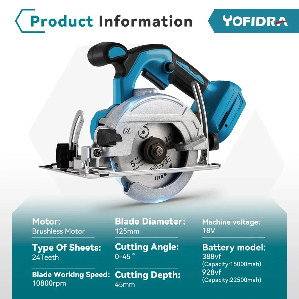 Serra Circular Elétrica Sem Fio YOFIDRA de 5 Polegadas 125mm °   até 45 °   Máquina de Corte de Madeira Ajustável para Bateria Makita