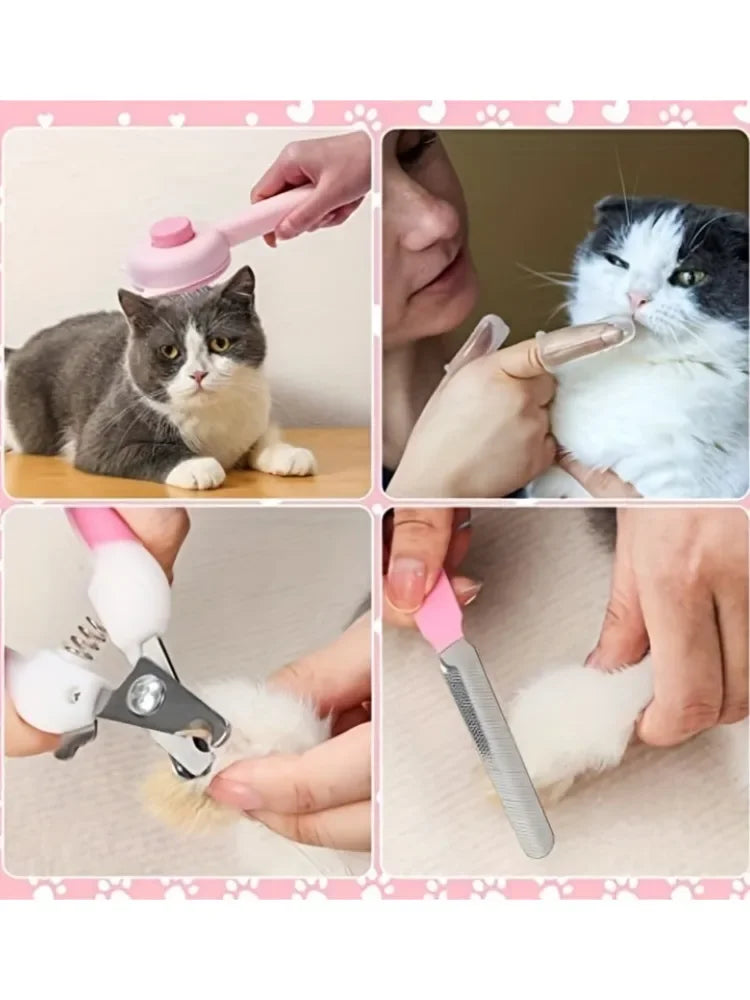 Kit de Beleza para Gatos com 8 Peças: Escova, Cortador de Unhas e Lixas, Kit de Higiene para Animais de Estimação, Pente Antipulgas