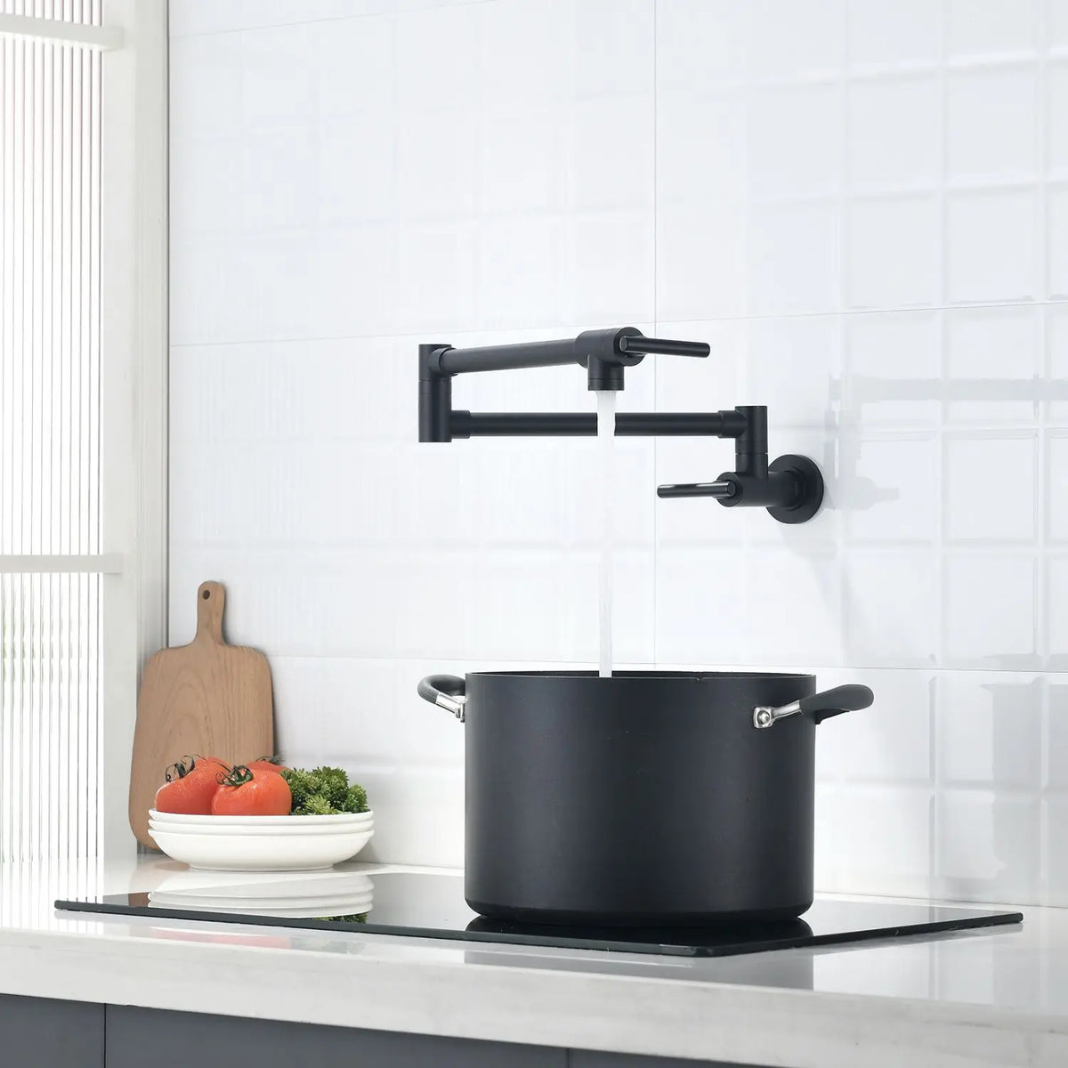 Industrial Wall Mount Pot Filler Faucet Brass Blackened 2 Handle Folding Commercial Kitchen Sink Tap with Ceramic Valve Core