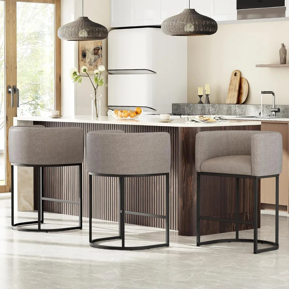 Conjunto de 3 Banquetas de Bar em Linho com 26'' de Altura, Design Moderno com Encosto e Braços, Personalizável