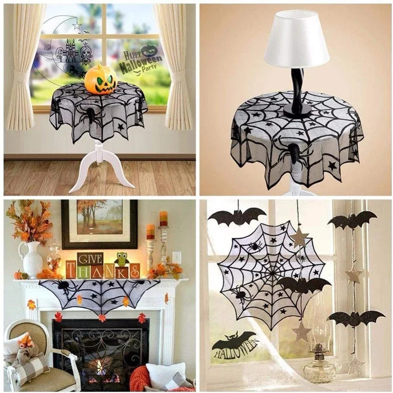 Black Lace Bats Toalha de Mesa, Aranha Web Cortinas para Lareira, Halloween Party Decor, Horror Adereços, Abajur