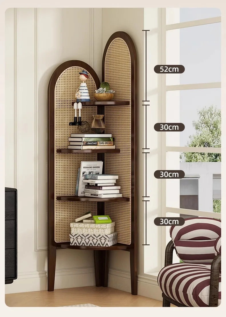 Estante Retro Triangular de Canto com Trama de Rattan para Sala de Estar, Divisória e Armazenamento para Quarto
