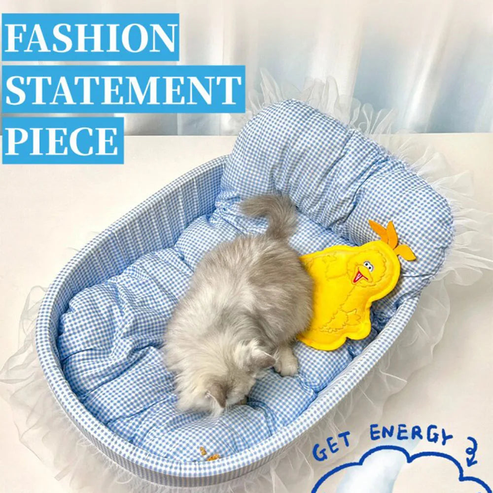 Cama Sofá Princesa para Gatos com Renda, Lavável e Removível, de Pelúcia Macia Oval para Cães/Gatos Pequenos, para Todas as Estações