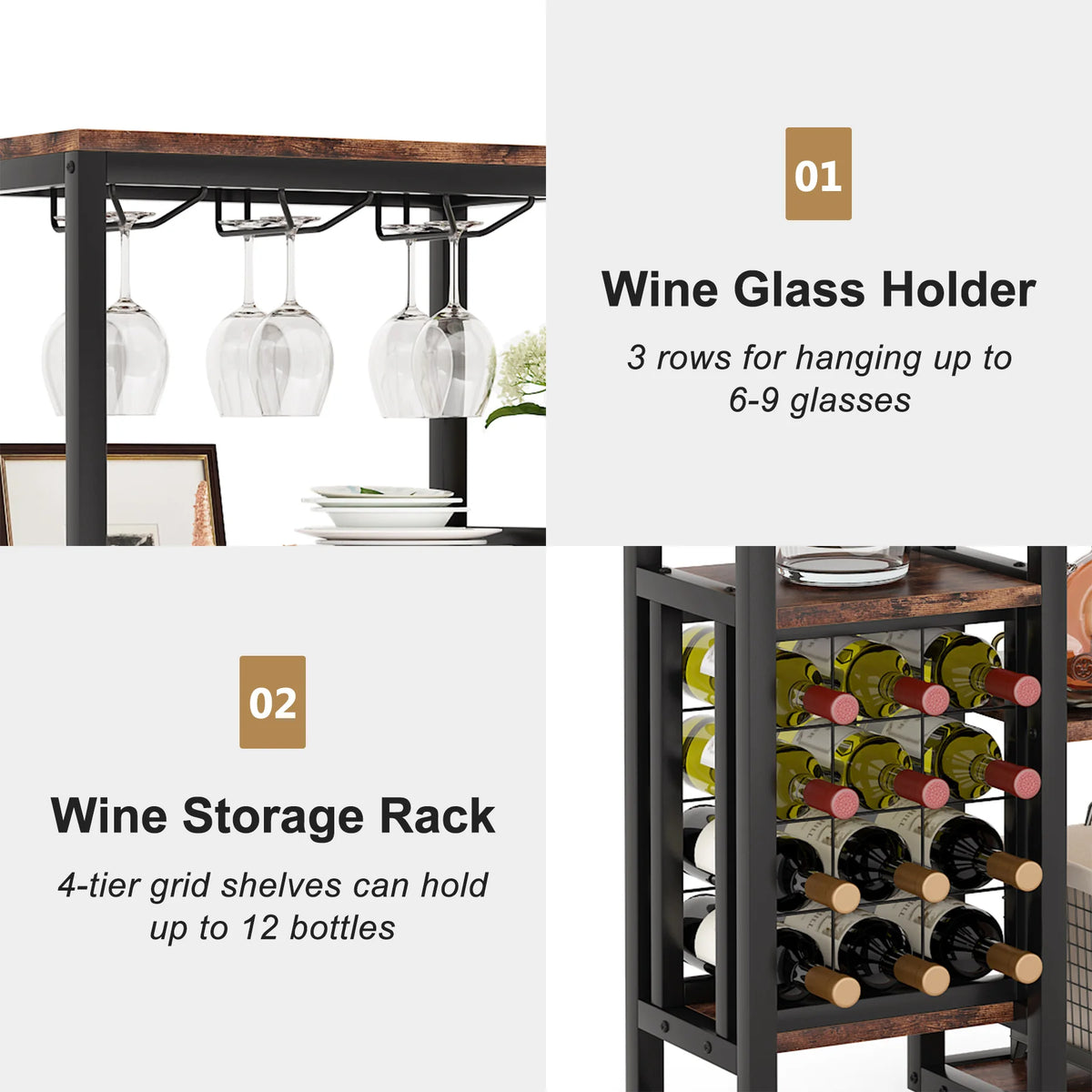 Cremalheira autônoma do vinho do assoalho das tribos com suporte de vidro e armazenamento do vinho, prateleira de exposição industrial do vinho, padeiro Rack, 5-Tier
