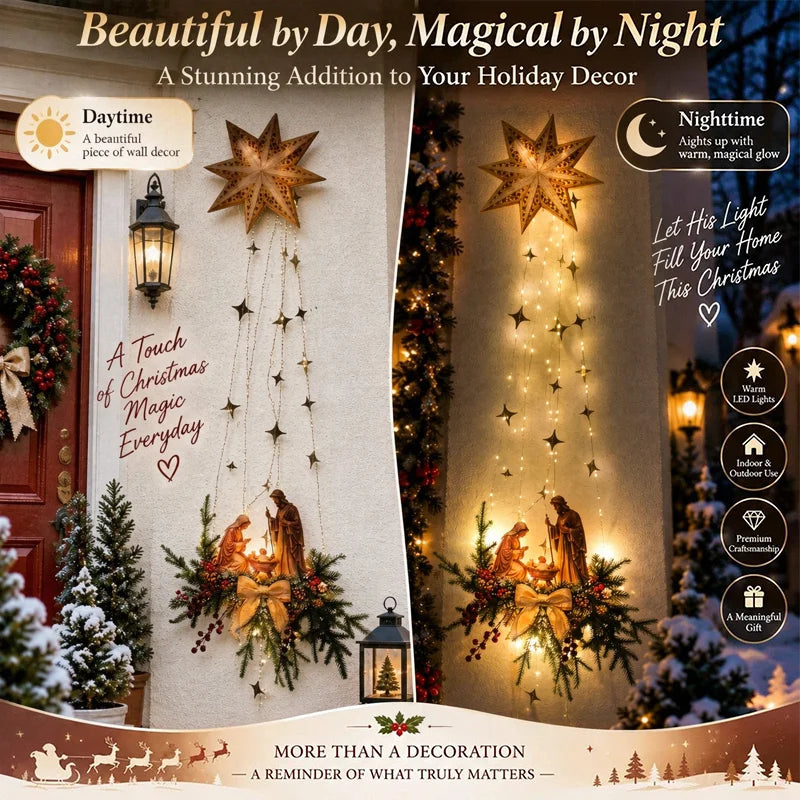 Decoração de parede com cena de nascimento iluminada por LED, ornamento de parede para o Natal, representando o nascimento de Jesus.