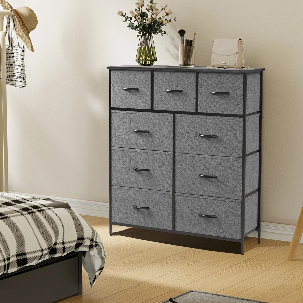 JHK Cômoda para quarto com 9 gavetas de armazenamento de tecido, guarda-roupa alto, organizador de peito, armário de roupas para adultos e crianças