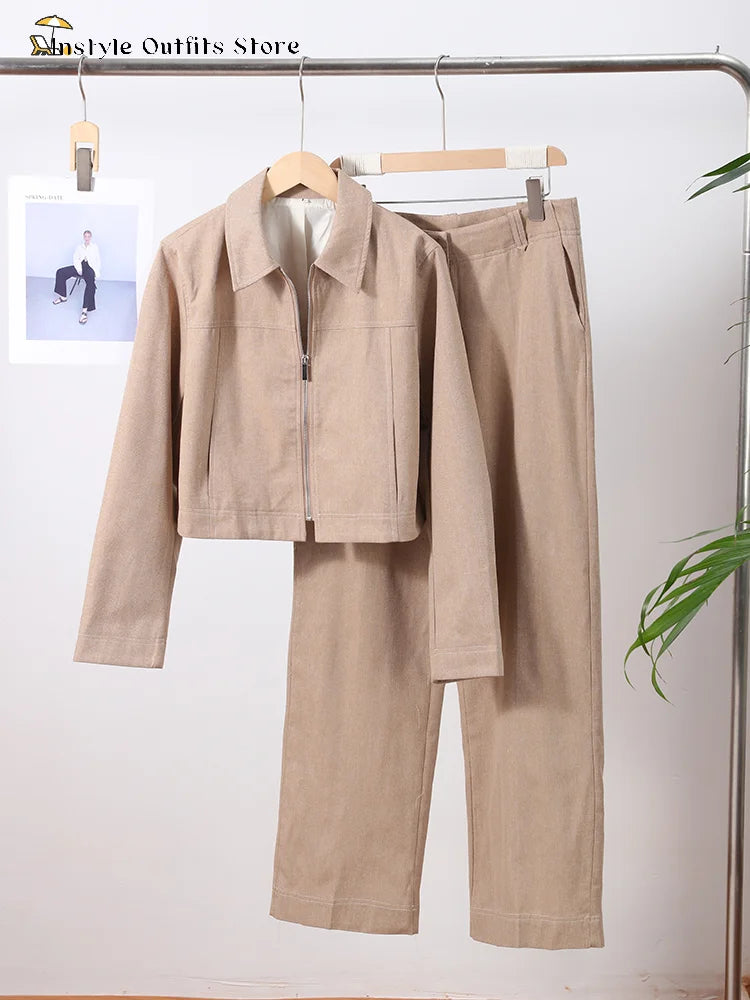 Casual Trousers Set Women Cotton Linen Lapel Zippers Crop Top Straight Pants Sets Lady 2026 Spring Solid Suit Woman Streetwear
