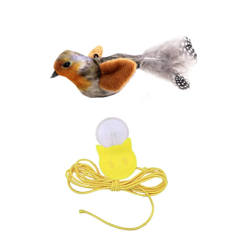 Brinquedo interativo para gatos, em forma de pássaro de pelúcia, ativado por som e fixado na parede, com catnip, para brincadeiras e entretenimento de gatos em ambientes fechados.
