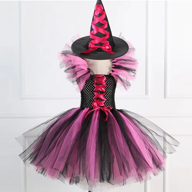 Fantasia de Bruxa para Meninas, Vestido de Tule em 3 Cores com Chapéu Pontudo, Fantasia de Carnaval para Crianças