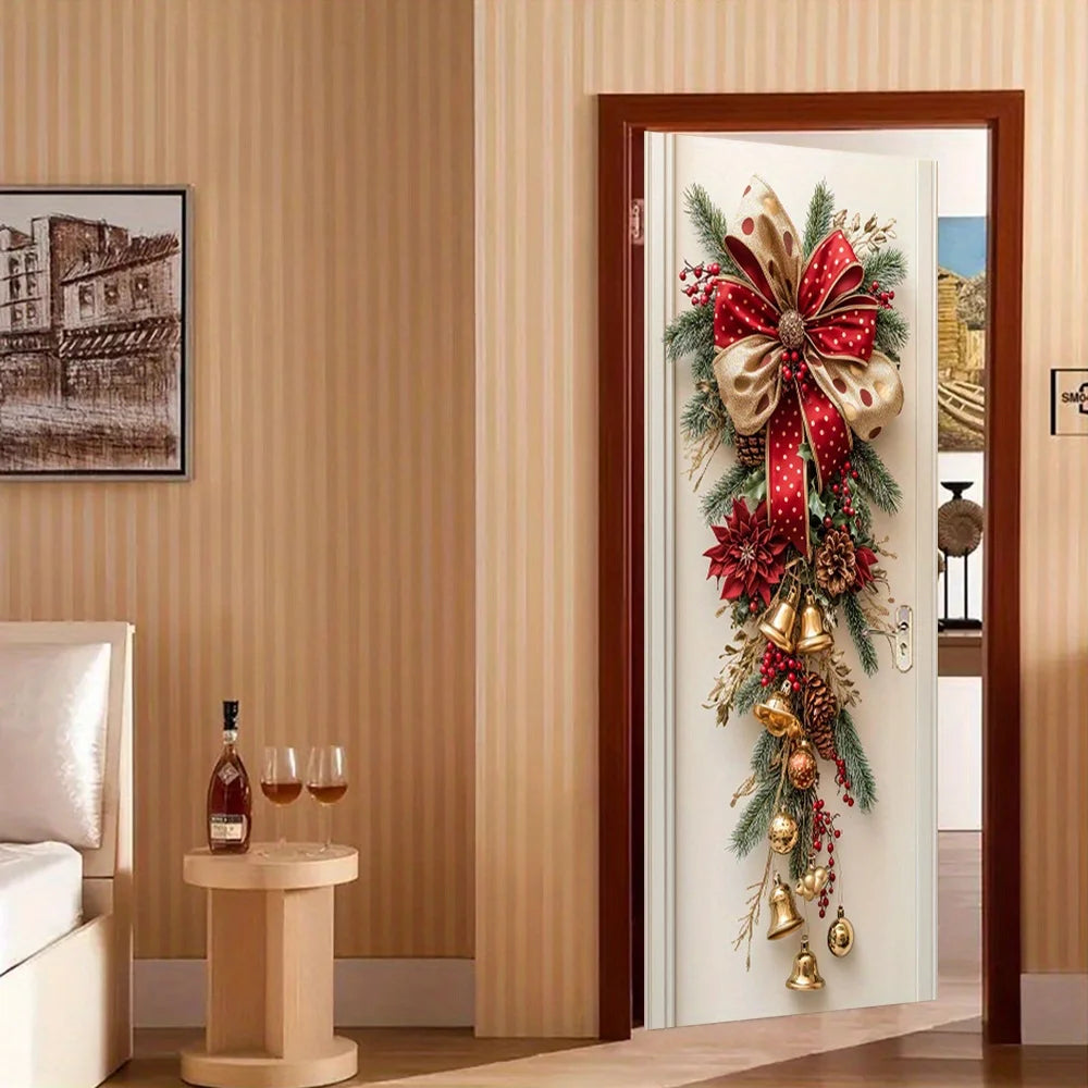 1 decoração de parede de Natal - decoração suspensa com sinos vermelhos e folhas verdes - decoração de sala de férias, design de férias