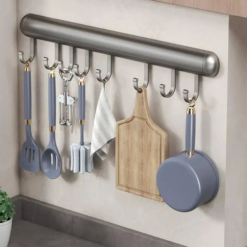 Suporte de gancho de cozinha, haste de suspensão sem perfuração, rack de armazenamento de parede, espátula, colher, espaço removível, cabides de gancho de alumínio
