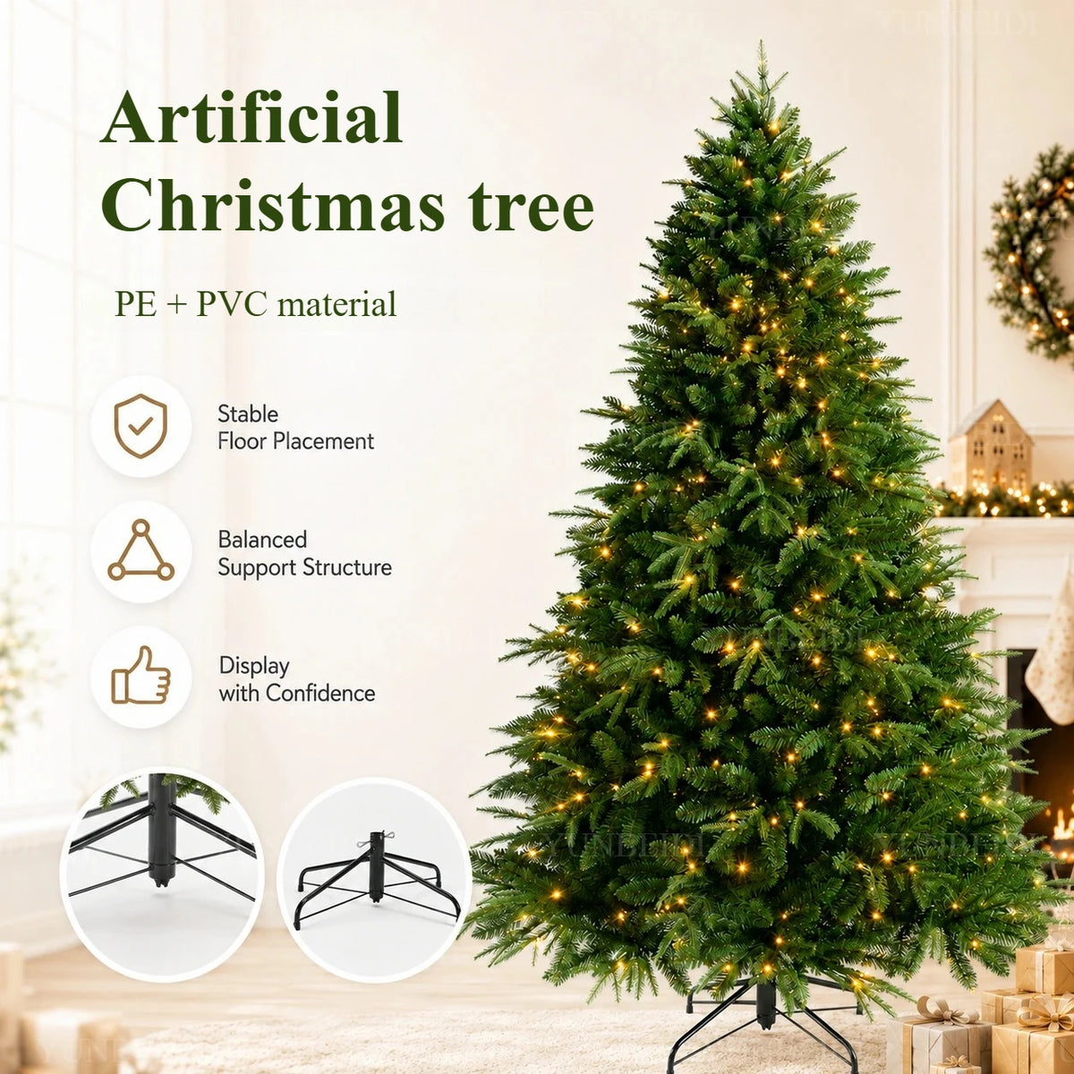 Árvore de Natal Artificial em Material PE+PVC, Grande Árvore de Natal Densa de 120cm a 270cm, Decoração para o Natal em Família e Ano Novo