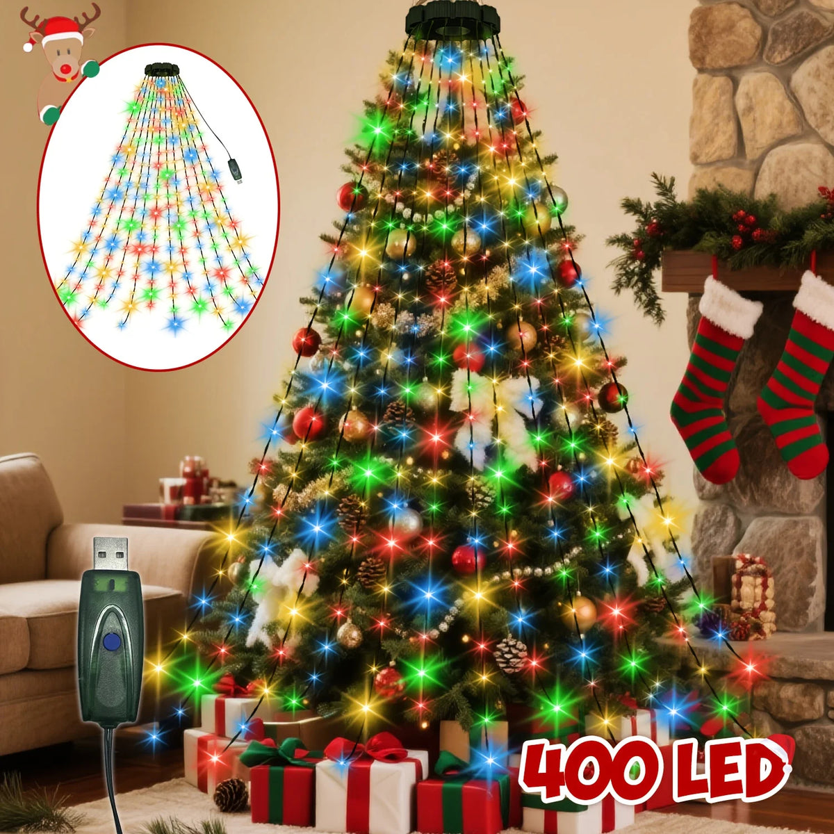 400 led 2m árvore de natal cachoeira luz alimentada por usb com controle remoto 8 modos de iluminação para jardim terraço casa decoração de natal