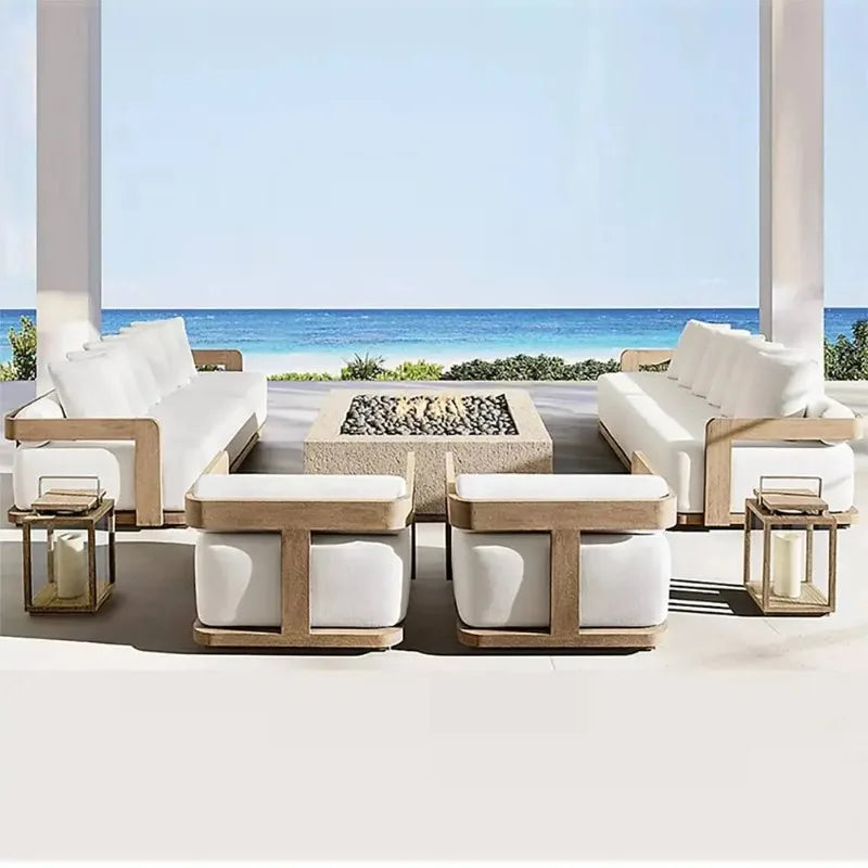 Conjunto de Móveis Modernos para Exterior à Prova d'Água com Pedal, Banco de Madeira Teca e Sofá de Rattan para Jardim, Sala de Estar e Hotéis