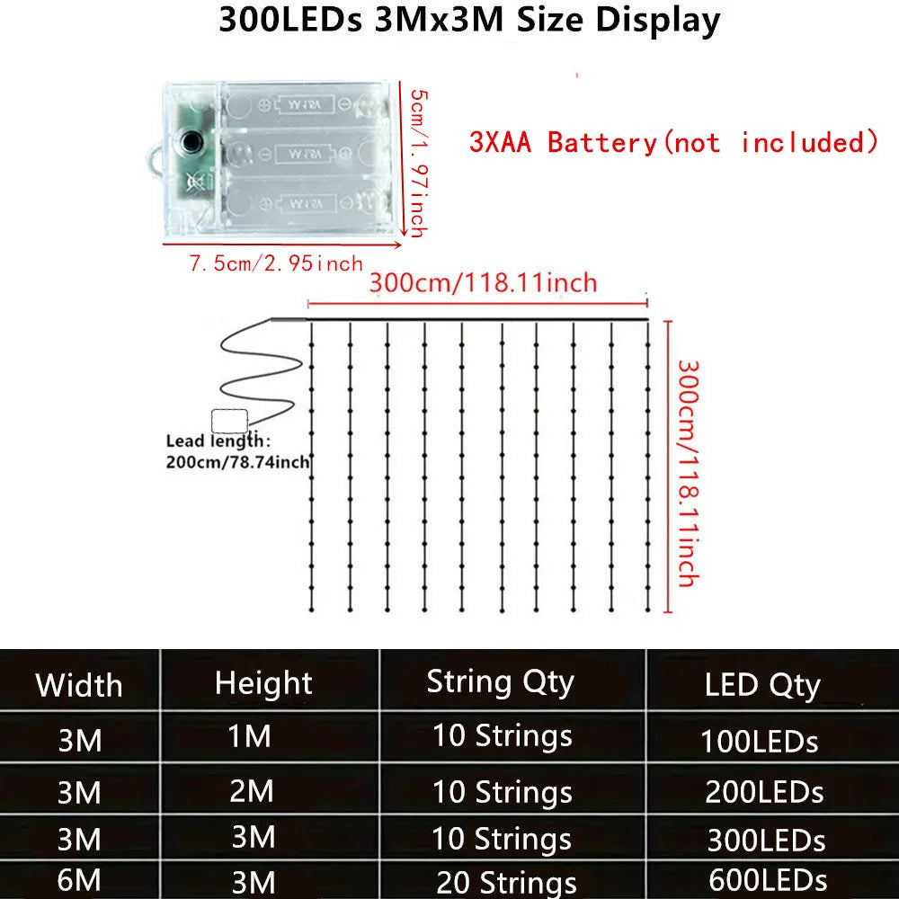 Luzes de Natal LED, Cortina de Luzes de Fada, Alimentadas por Bateria, 8 Modos, Decoração de Natal para Casa, Feriados, Ano Novo 2027, Lâmpada