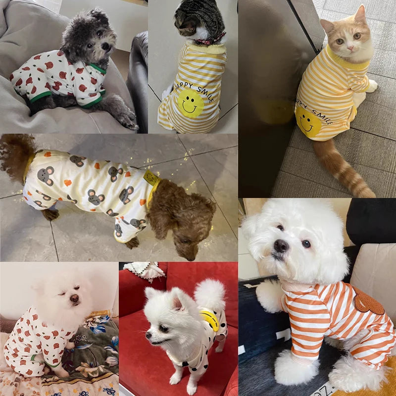 Roupas para cães de estimação listrado sorriso impressão macacões chihuahua doce pijamas filhote de cachorro gato quente pijamas outono traje para animais de estimação poodle maltes