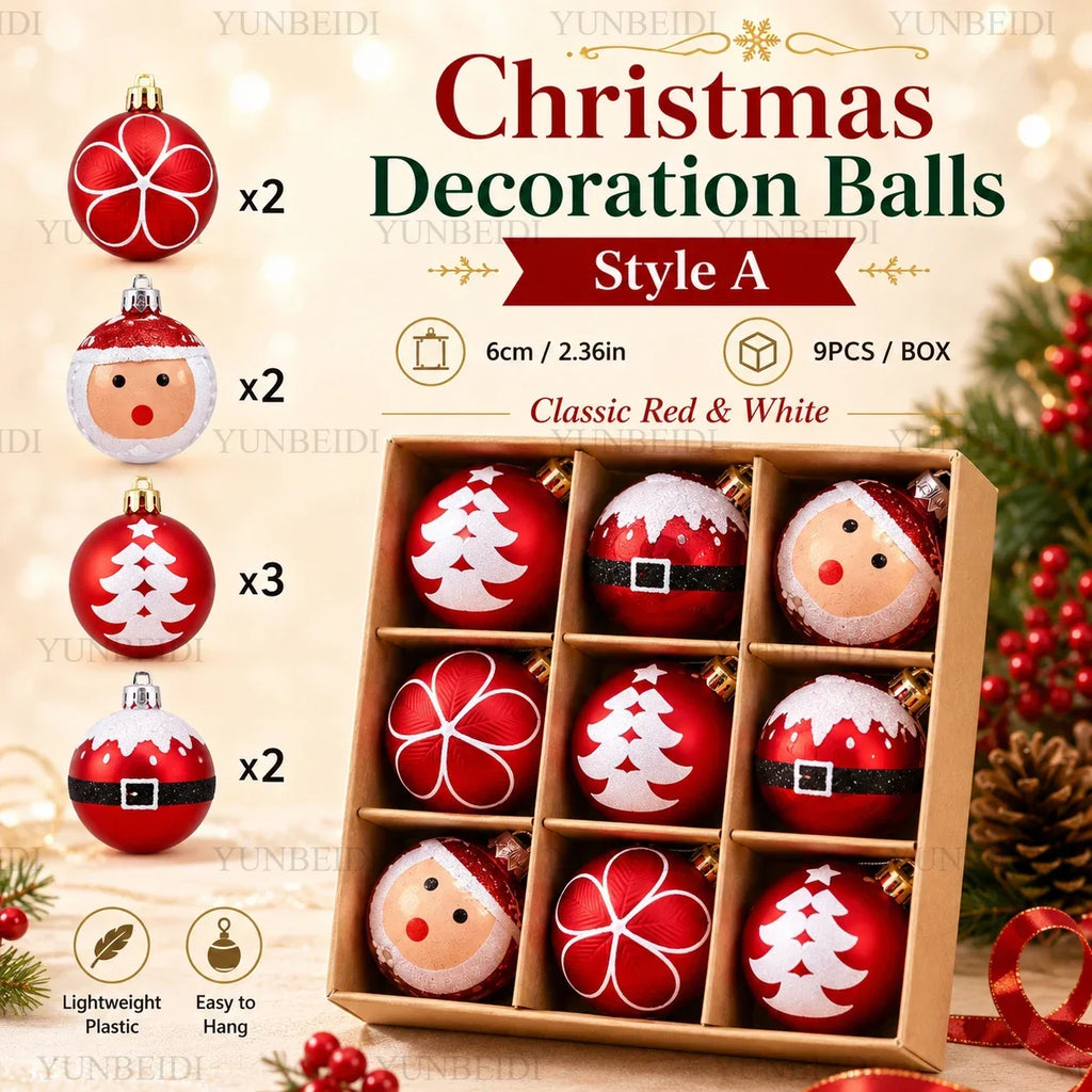 Enfeites de Bolas de Natal 9PCS 6cm Conjunto de Bolas de Plástico DIY Decorações para Pendurar na Árvore Vermelho Verde para Decoração de Natal em Casa e Festas