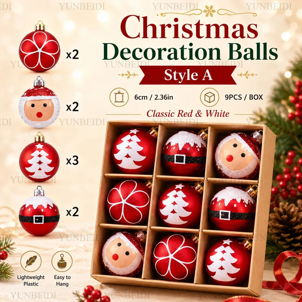 Enfeites de Bolas de Natal 9PCS 6cm Conjunto de Bolas de Plástico DIY Decorações para Pendurar na Árvore Vermelho Verde para Decoração de Natal em Casa e Festas