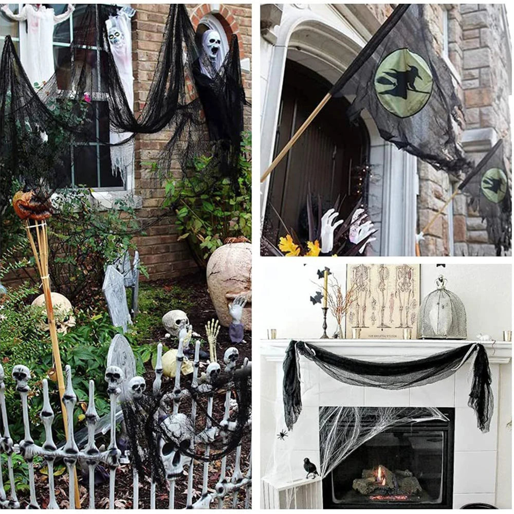 Decoração de halloween de terror, pano de gaze assustador preto de 2m, teia de aranha, decoração de casa gótica preta, decorações de casa assustadoras