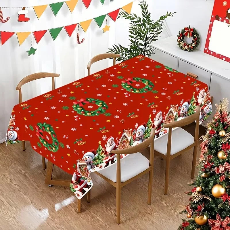 Toalha de Mesa de Natal: Decoração Clássica de Inverno com Estampa de Papai Noel, Floco de Neve e Pinhas – Suprimentos para Cenário Festivo