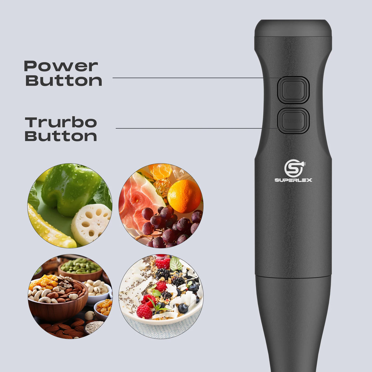 SUPERLEX 350W Mixer de Imersão 4 em 1, Conjunto de Mixer Elétrico Portátil com Batedor, Copo Medidor de 500ml e Picador de 700ml, Controle de 2 Velocidades para Sopas, Smoothies, Papinhas e Carne Moída