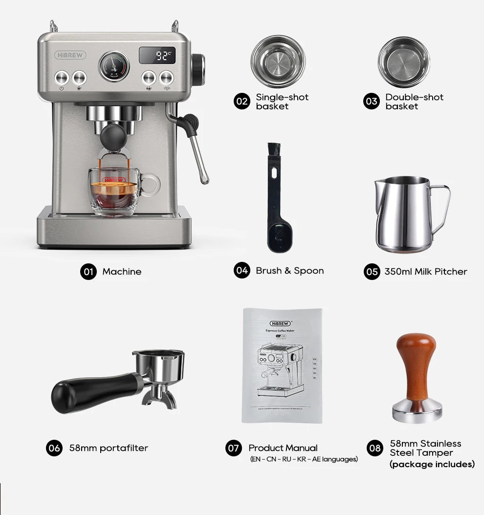 Hibrew 20bar semiautomática máquina de café expresso temperatura ajustável 58mm portátil frio/quente cafeteira metal caseh10a