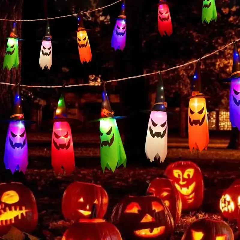 Lanternas de Chapéu de Bruxa Brilhantes para Halloween, Decoração Suspensa para Jardim, Varanda, Quarto, Ambientes Internos e Externos, Adereços para Festas de Feriado