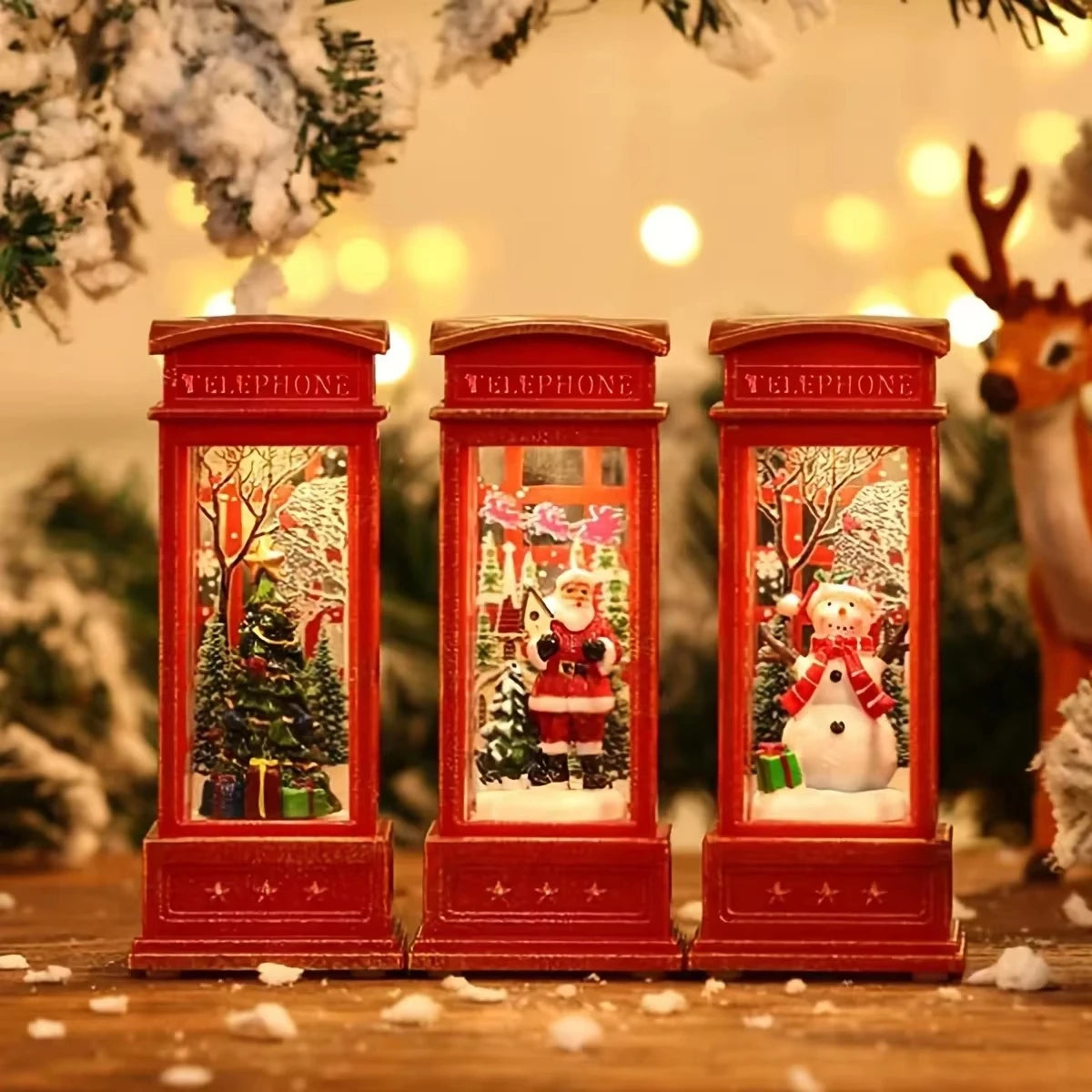 Decoração de Cabine Telefônica de Natal com Luz Noturna, Luz Noturna Retro Vermelha de Cabine Telefônica, Papai Noel/Boneco de Neve/Árvore, Decoração para Casa
