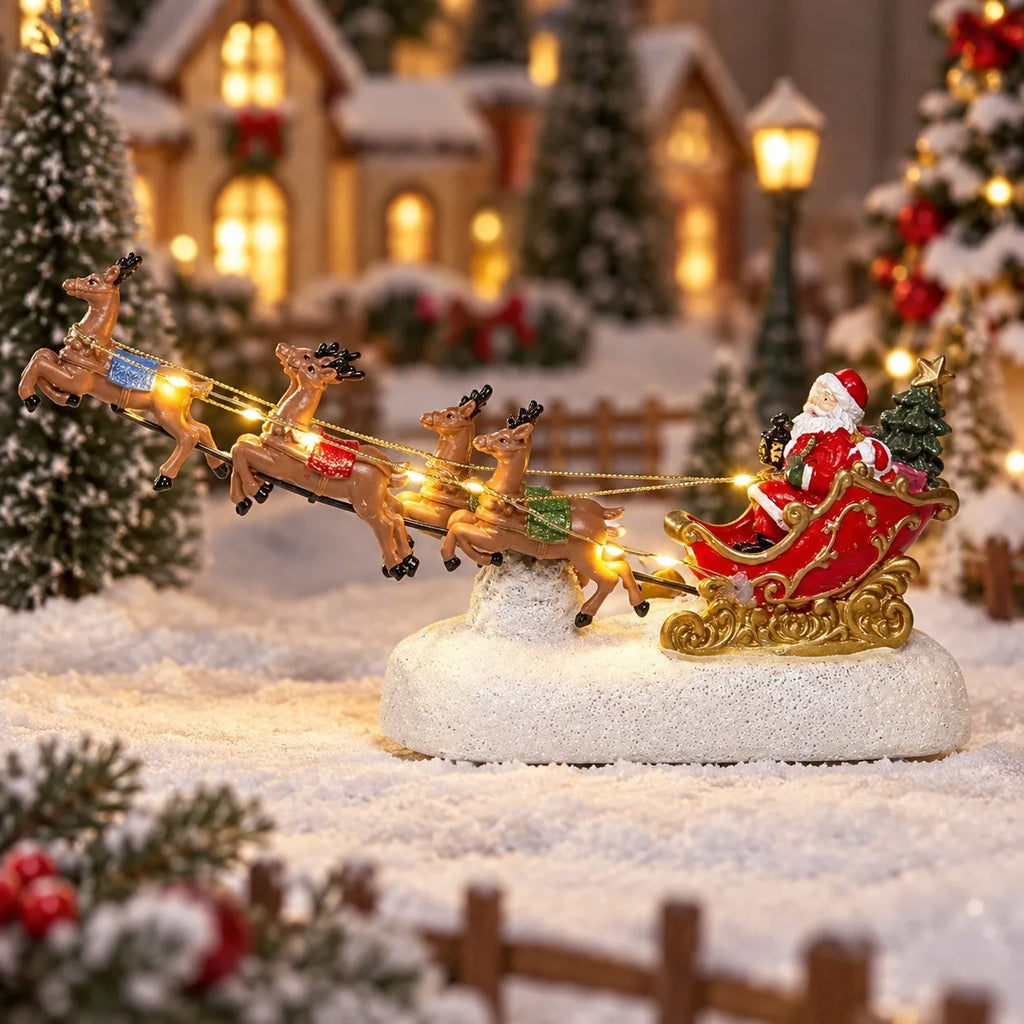 Decoração de Natal para a Casa: Vila Natalina com Trenó do Papai Noel, Rena e Lareira Iluminada e Musical, Presente de Natal para Mesa