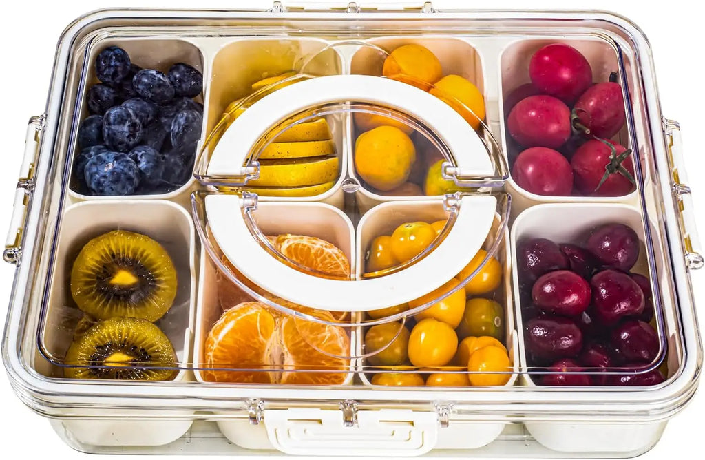 Caixa Organizadora de Lanches com 4/8 Divisórias, Tábua de Charcutaria Portátil para Viagem com Tampa, Caixa de Armazenamento de Alimentos para Geladeira, Organizador de Lanches