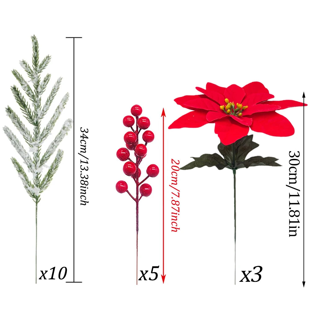 Decorações de Natal DIY, 18 peças de agulhas de pinheiro artificiais, flores de poinsétia com bagas vermelhas para festas de inverno, decoração de guirlandas para festas em casa.