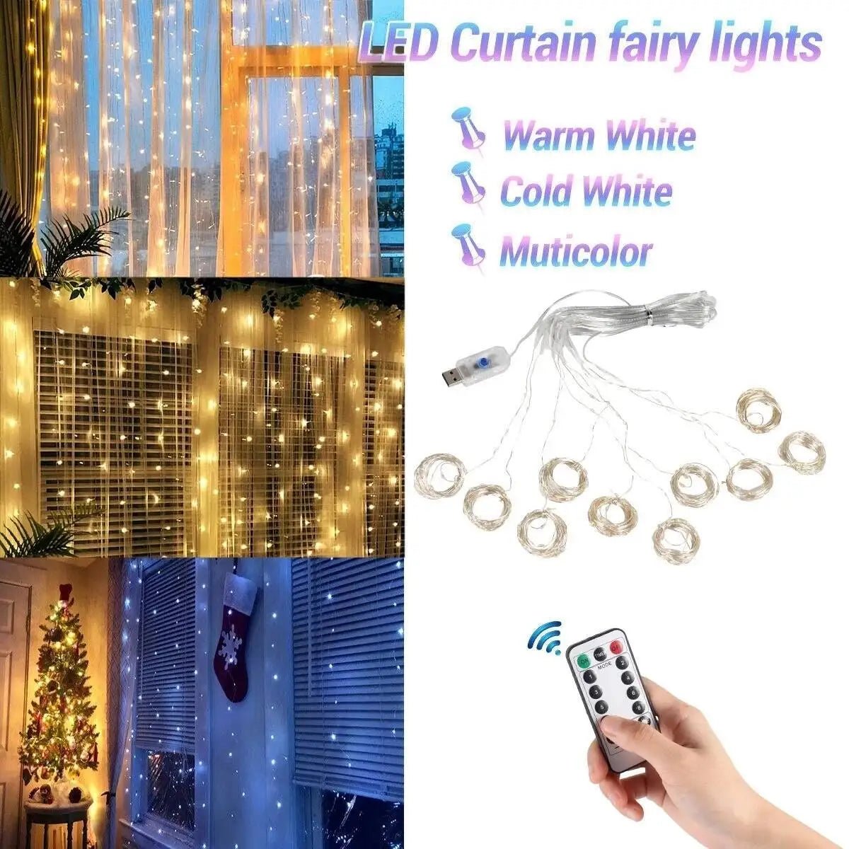 Cortina de natal led luzes da corda guirlanda festival 8 modos usb controle remoto feriado casamento luzes fadas para decoração do quarto