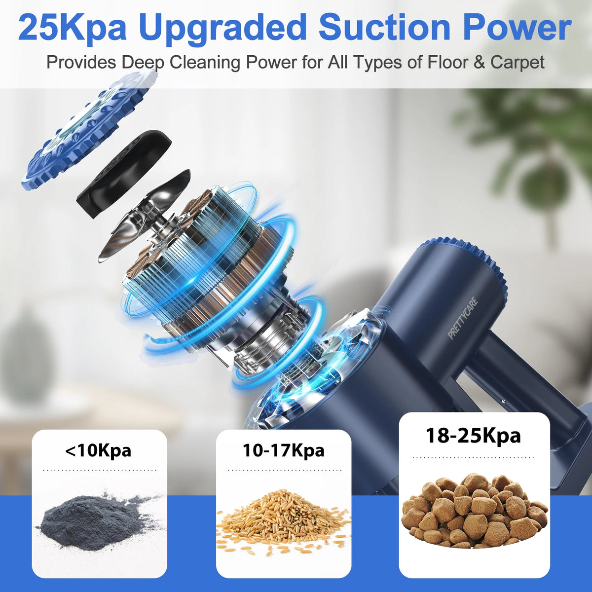 Aspirador de Pó Sem Fio PrettyCare W400 com Sucção de 25KPA, Aspirador Portátil Poderoso com 40 Minutos de Tempo de Funcionamento e Conjunto de 3 Escovas