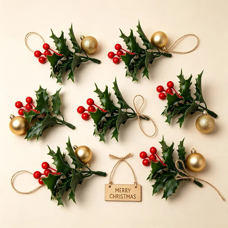 Guirlanda de Natal com Azevinho Artificial, Bagas Vermelhas, Folhas Verdes, Enfeites para Árvore de Natal, Guirlanda, Buquês DIY